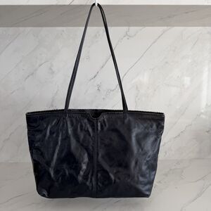 Latico Navy Blue Leather Tote Shoulder Bag Scalloped Edge Geometric Lining